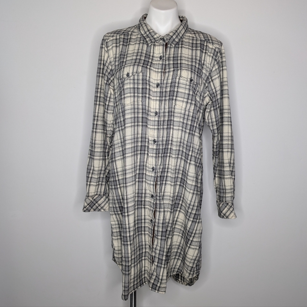 Kavu Jurnee Cream Grey Plaid Long Sleeve Button Up Cozy Lounge Dress XL
